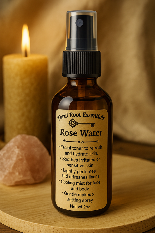 Amber glass spray bottle labeled “Feral Root Essentials Rose Water” placed on a wooden tray with a lit candle and rose quartz crystal in the background