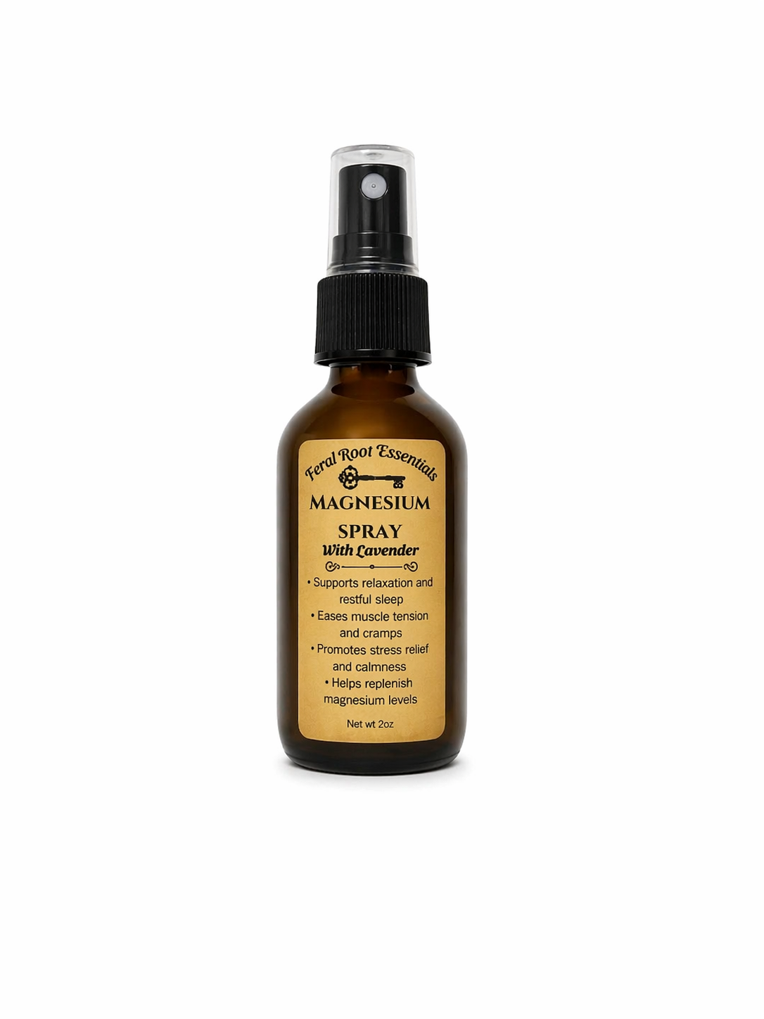Brown spray bottle with label "Lavender Magnesium" on a white background