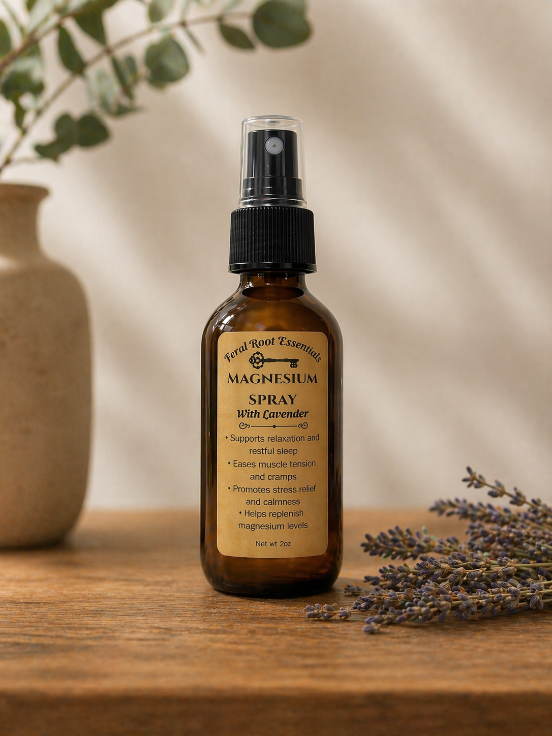 Bottle of magnesium spray with lavender on a wooden surface with a blurred background