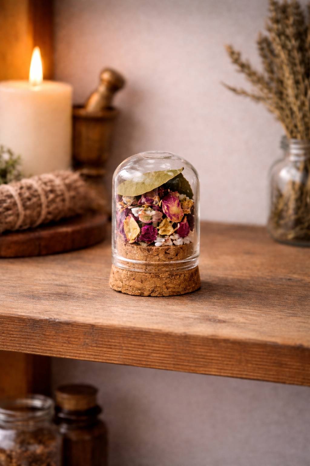 Glass terrarium with dried flowers on a wooden surface, candle and herbs in the background
