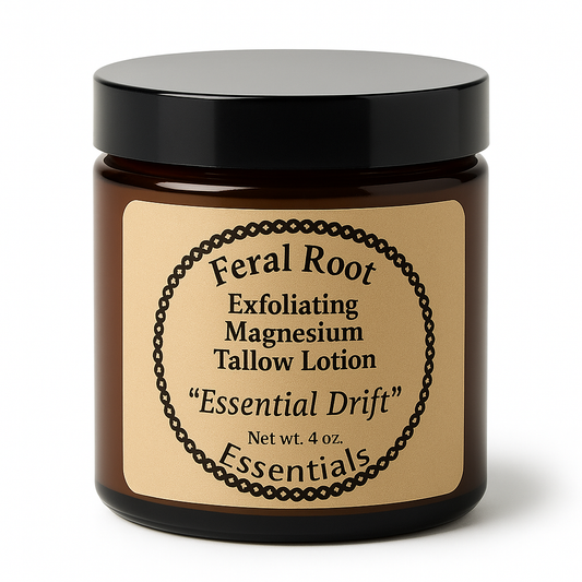 Feral Root Essentials Exfoliating Magnesium Tallow Lotion ‘Essential Drift’ 4 oz amber jar on a white background.”