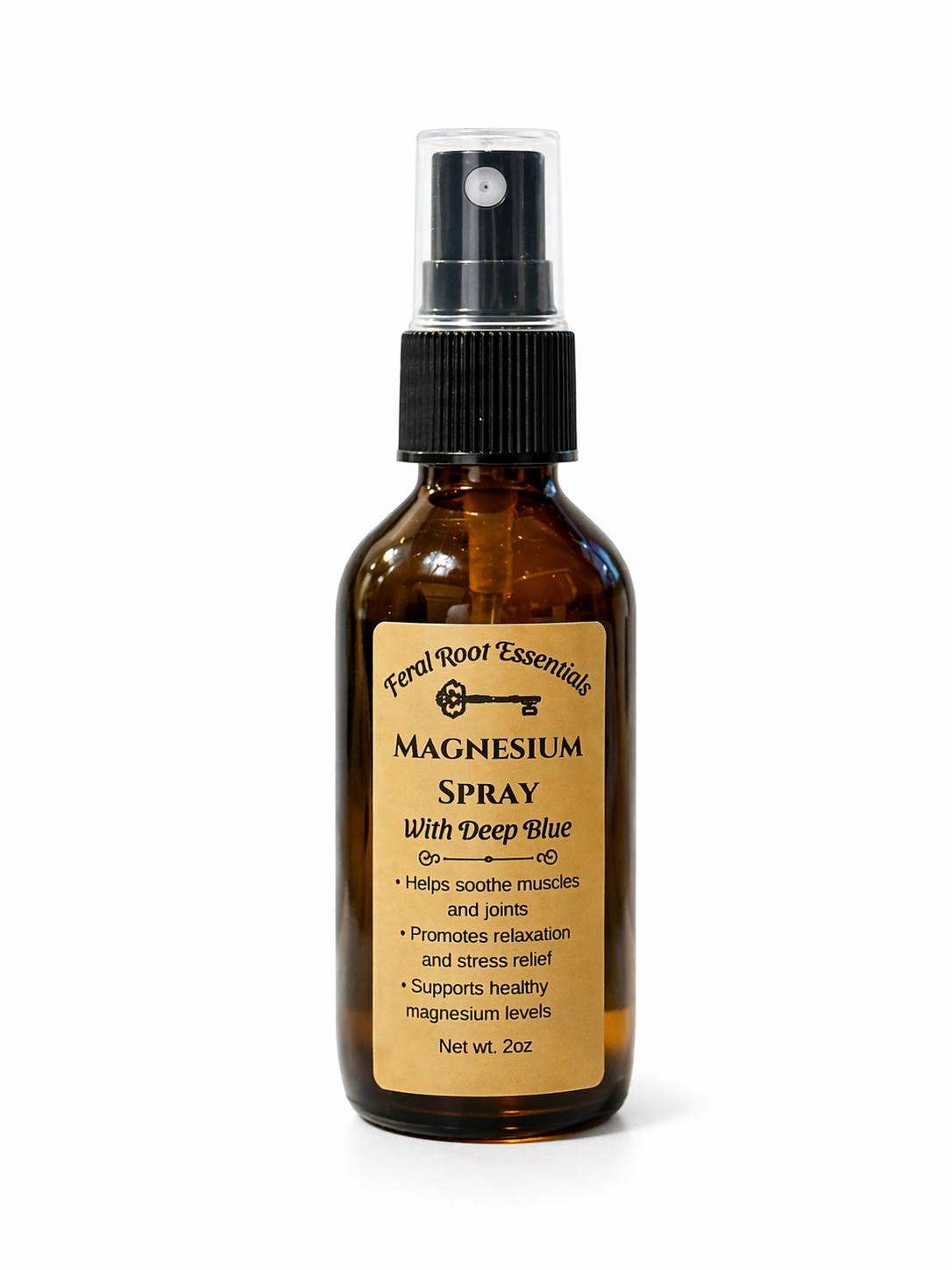 Brown spray bottle labeled 'Magnesium Spray with Deep Blue' on a white background