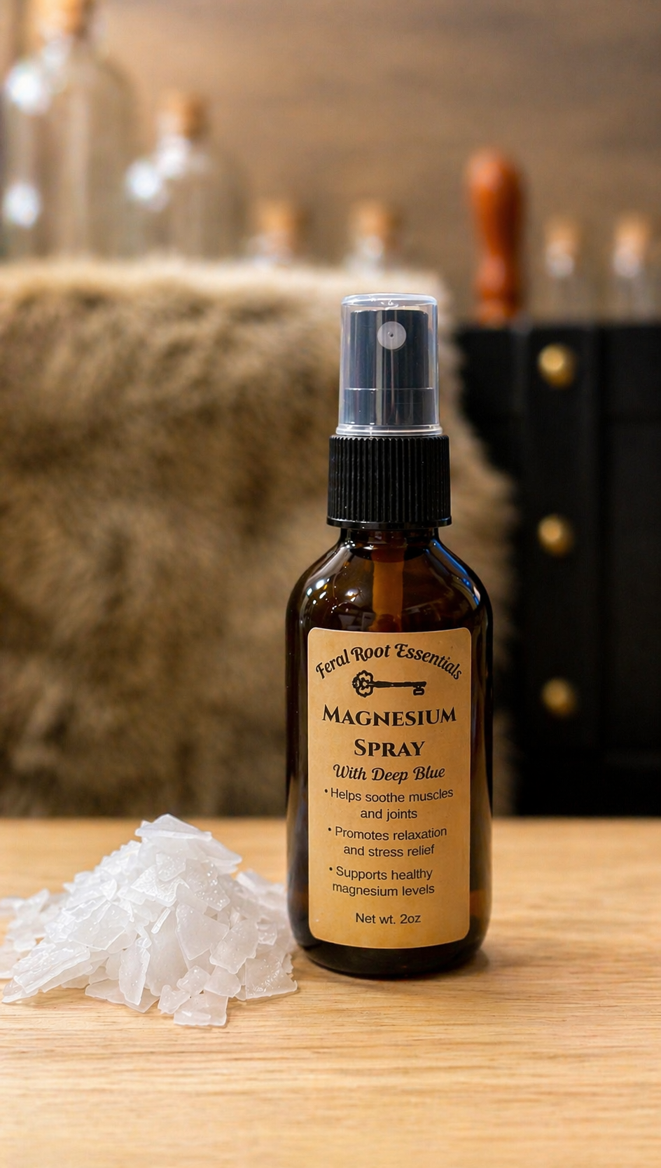 Bottle of Magnesium Spray with Deep Blue spray on a wooden surface with a blurred background