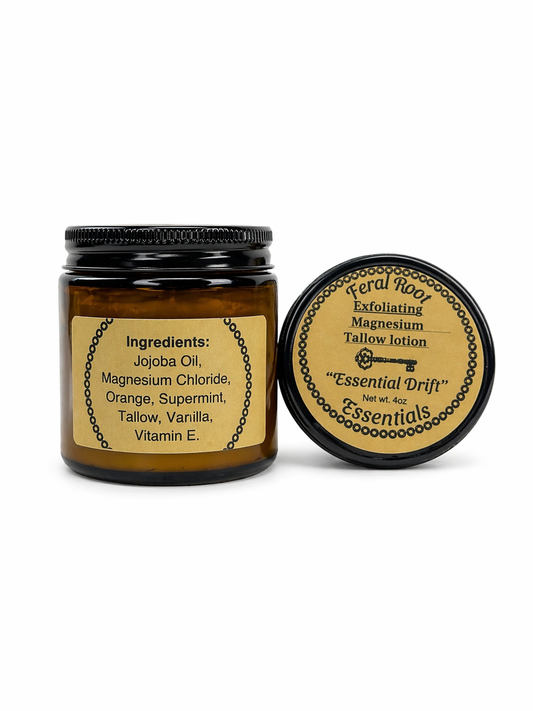 Feral Root Exfoliating Magnesium Tallow Lotion jar with label on a white background