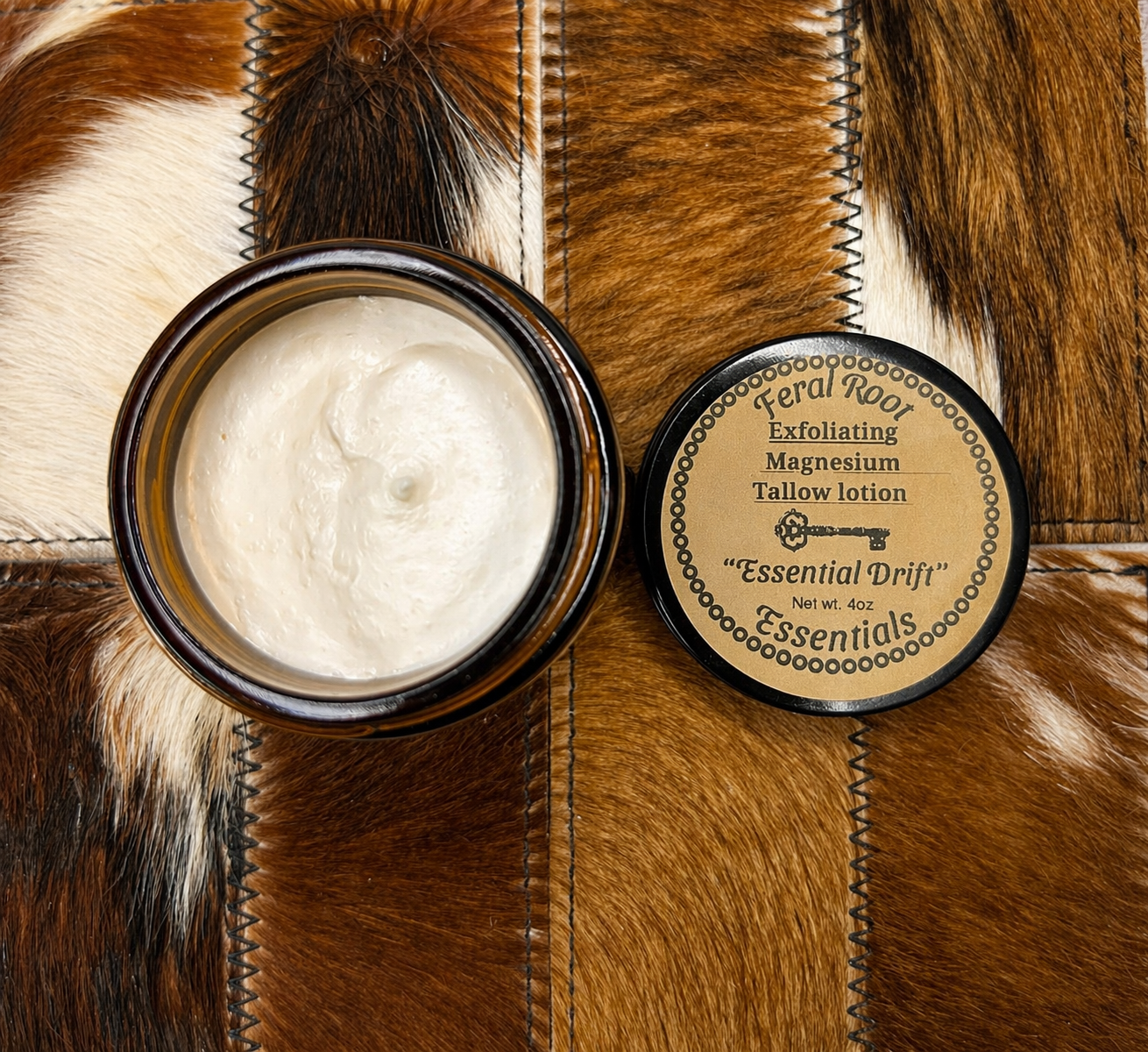 two jars of  Magnesium Tallow Lotion with a label on a textured brown surface