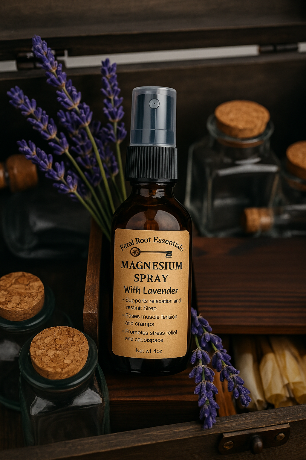 Magnesium and Lavender calming spray in amber glass bottle – relaxation and sleep support by Feral Root Essentials
