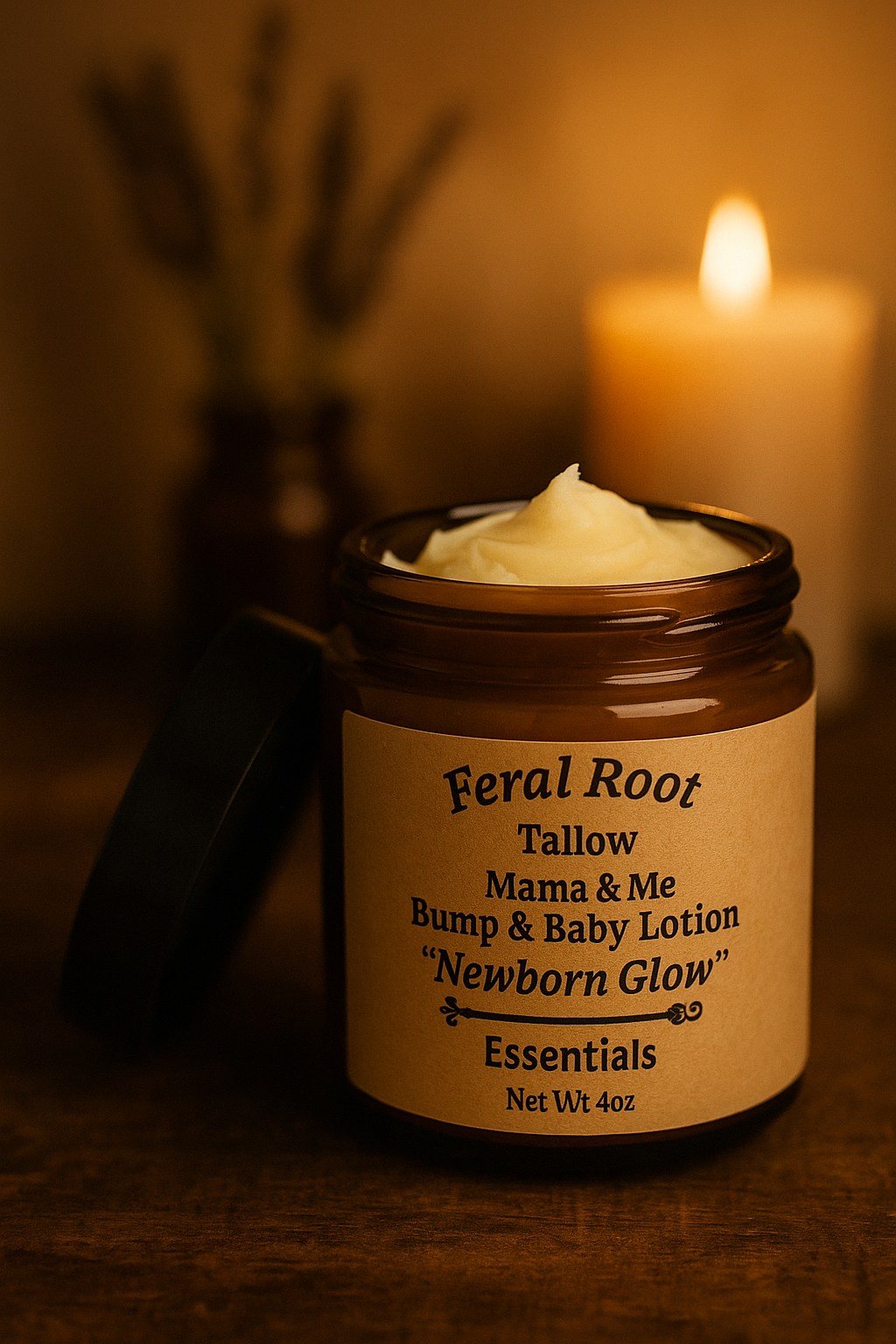 Amber glass jars of Feral Root Essentials Mama & Me Newborn Glow Tallow Lotion – available in 2oz and 4oz sizes