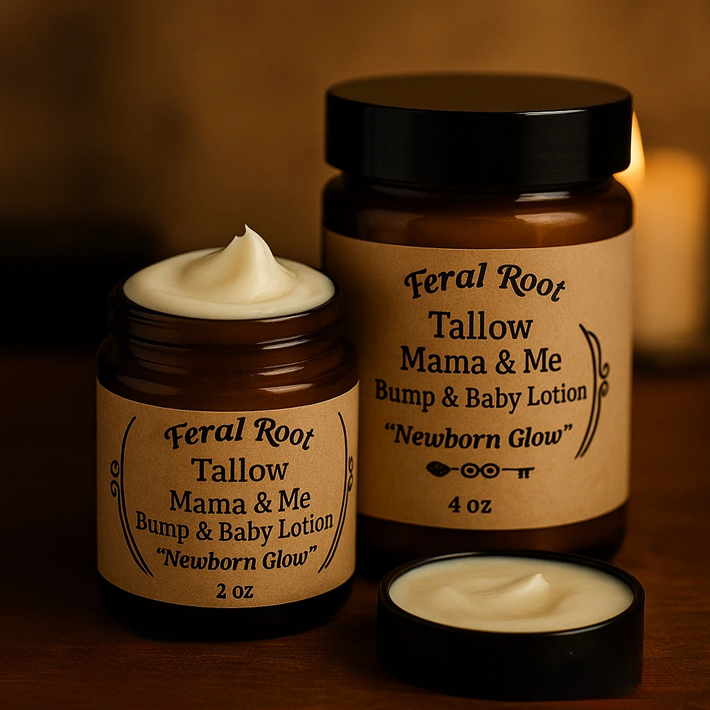 Feral Root Essentials Mama & Me Tallow Lotion – Newborn Glow in 4oz and 2oz glass jars, natural baby skincare with frankincense and chamomile