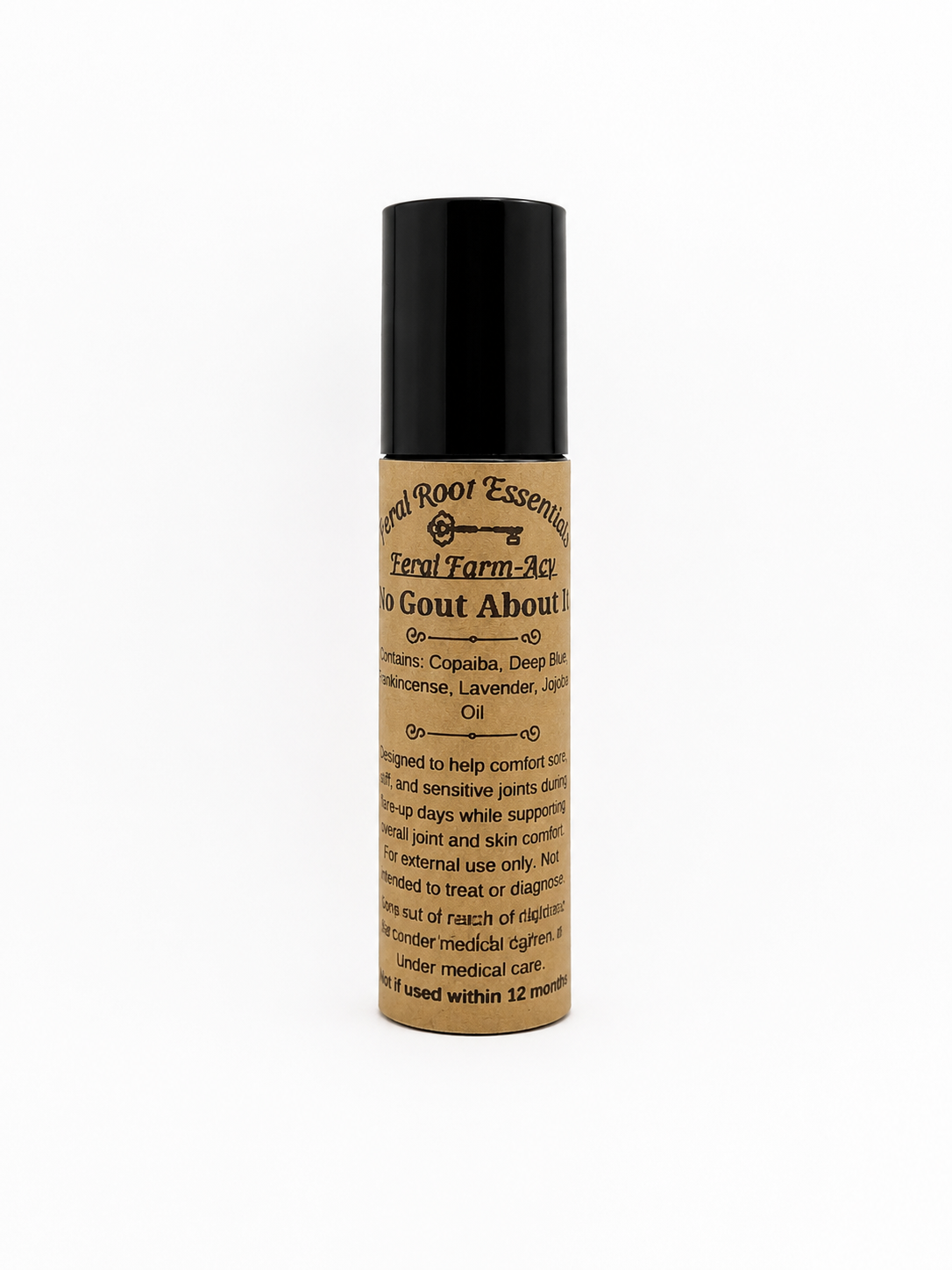 Bottle of 'No Gout About It' oil with a black cap on a white background