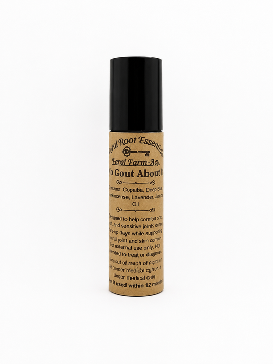 Bottle of 'No Gout About It' oil with a black cap on a white background