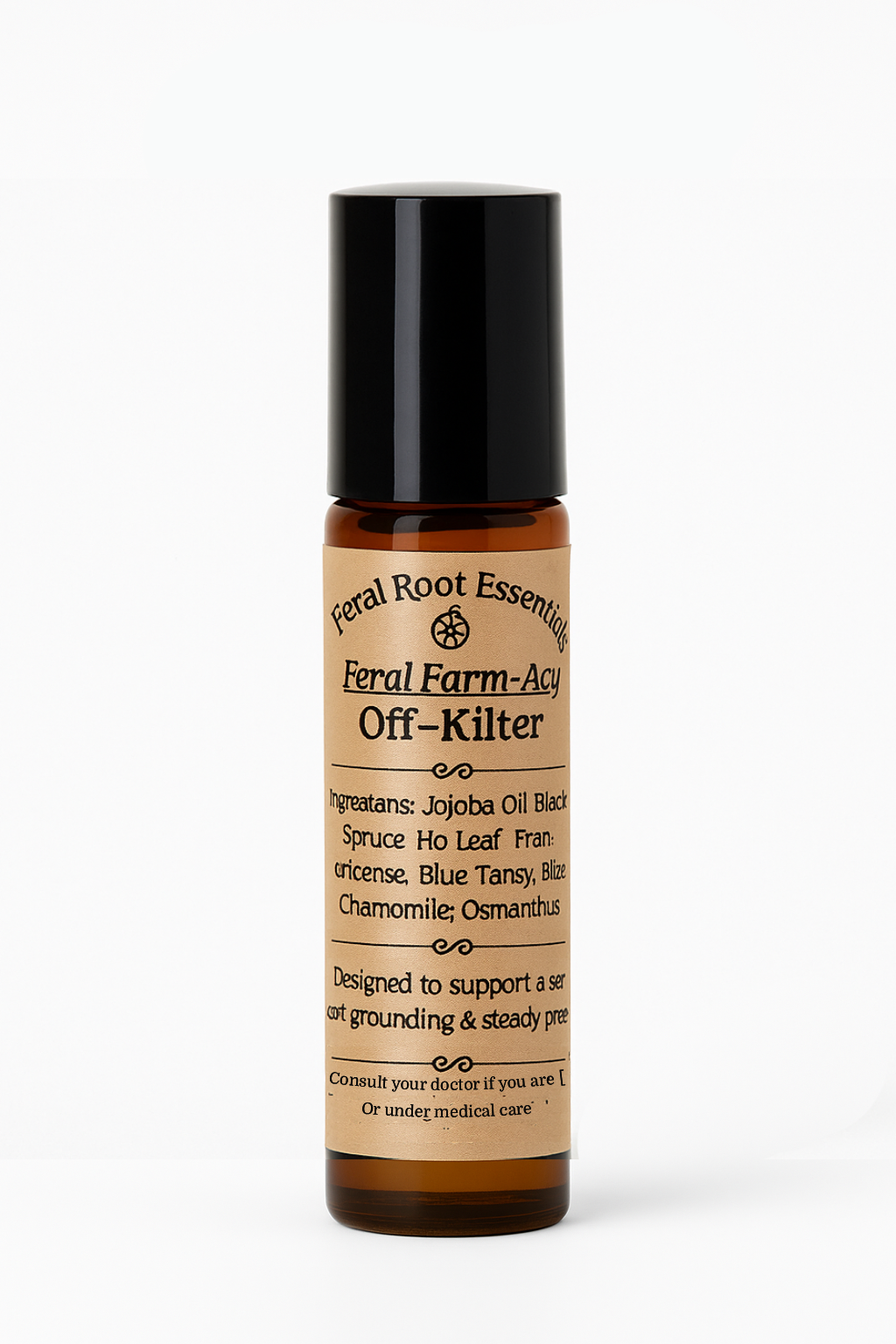 Off-Kilter Grounding Aromatic Support Roller by Feral Root Essentials – essential oil blend with spruce, frankincense, and blue tansy on neutral apothecary background