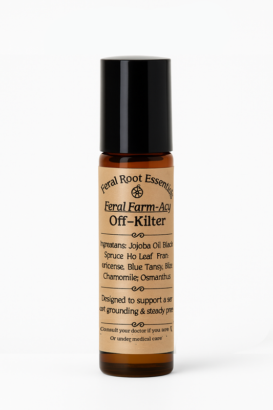 Off-Kilter Grounding Aromatic Support Roller by Feral Root Essentials – essential oil blend with spruce, frankincense, and blue tansy on neutral apothecary background