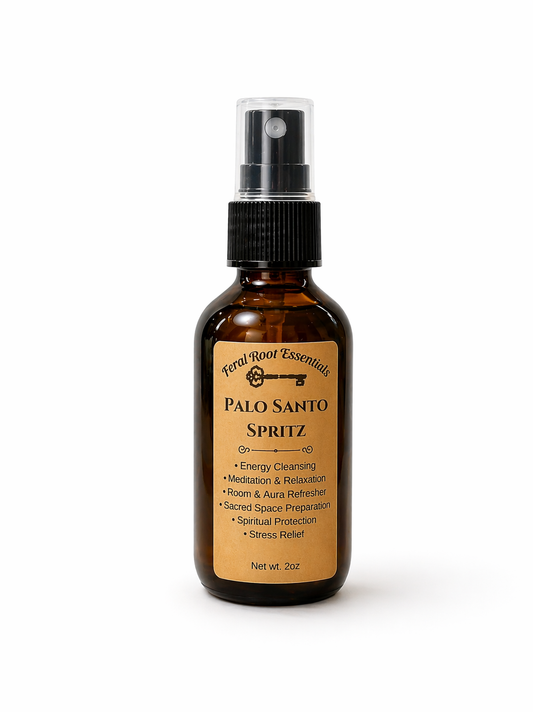 Brown bottle of Palo Santo Spritz with label on a white background