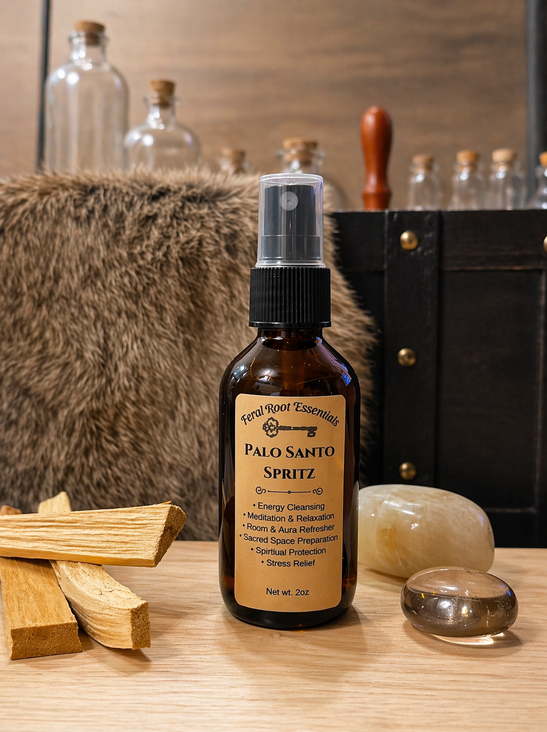 Bottle of Palo Santo Spritz with wooden sticks and stones on a wooden surface