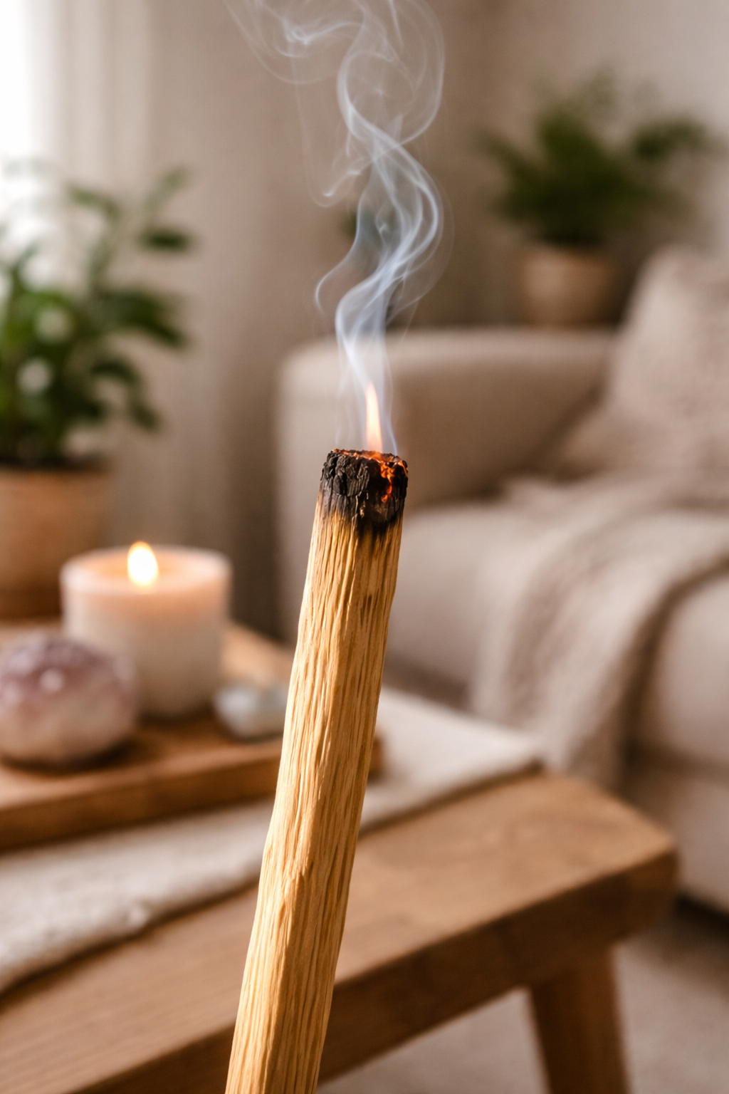 Palo Santo with smoke on a blurred background of a living room.
