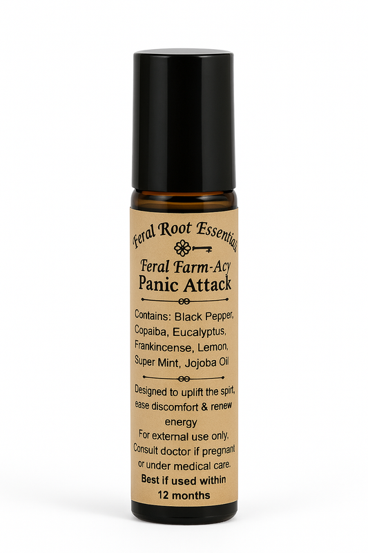 Feral Root Essentials Feral Farm-Acy Panic Attack aromatherapy roll-on bottle on a white background.