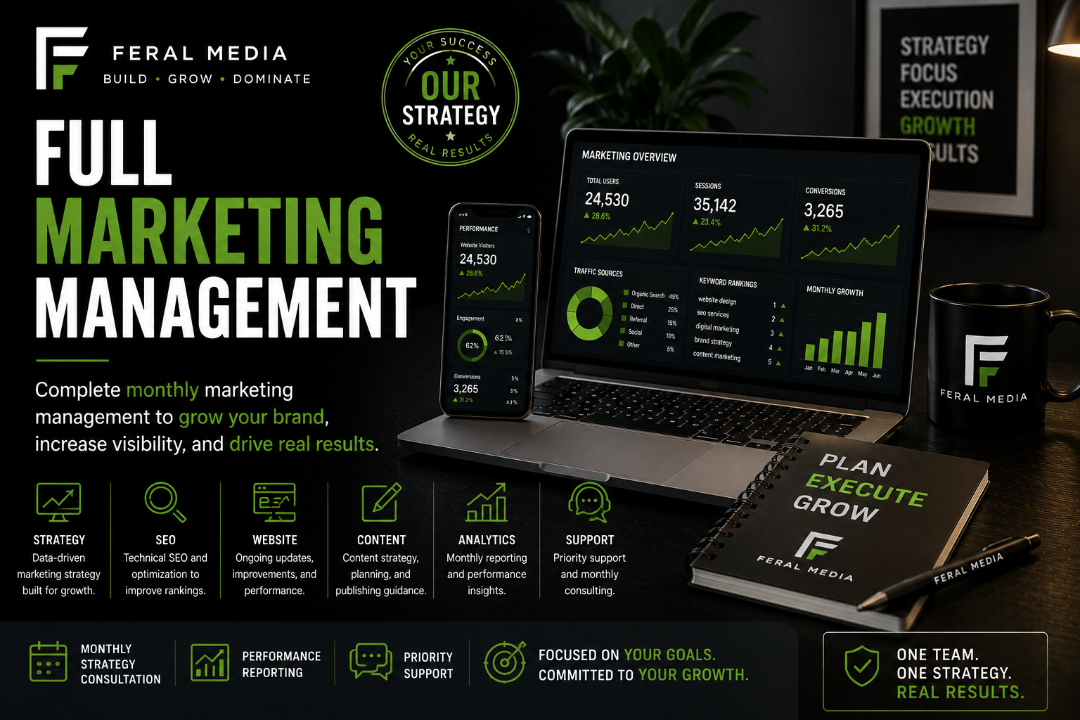 Promotional graphic for Feral Media Full Marketing Management service, featuring a laptop, smartphone, notebook, and coffee mug displaying marketing dashboards and strategic planning materials on a dark desk.