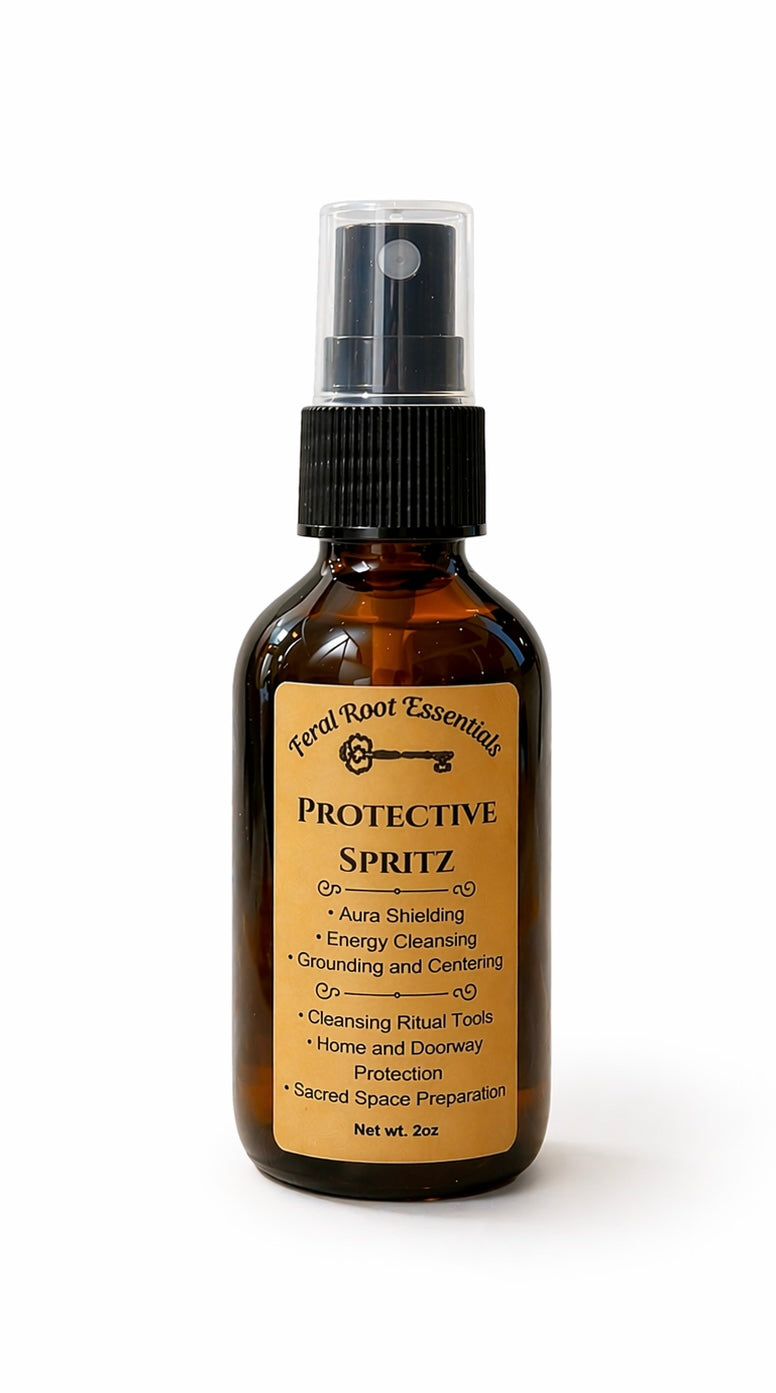 Bottle of 'Protective Spritz' with a label on a white background