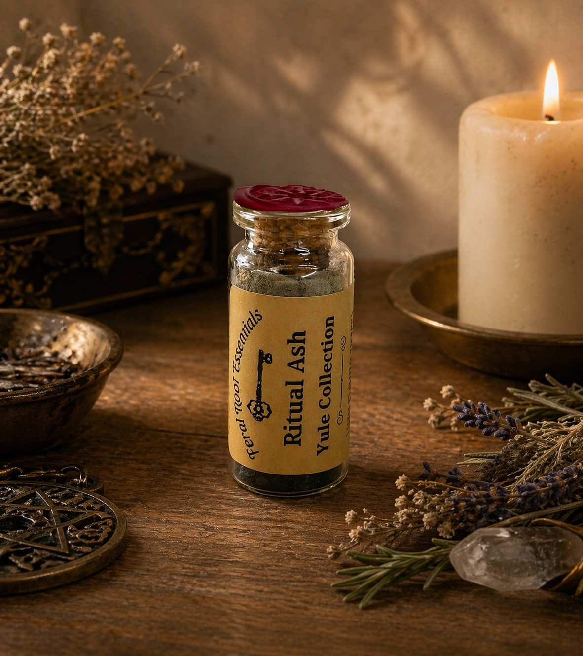 Bottle labeled 'Ritual Ash' on a wooden surface with a candle and herbs.