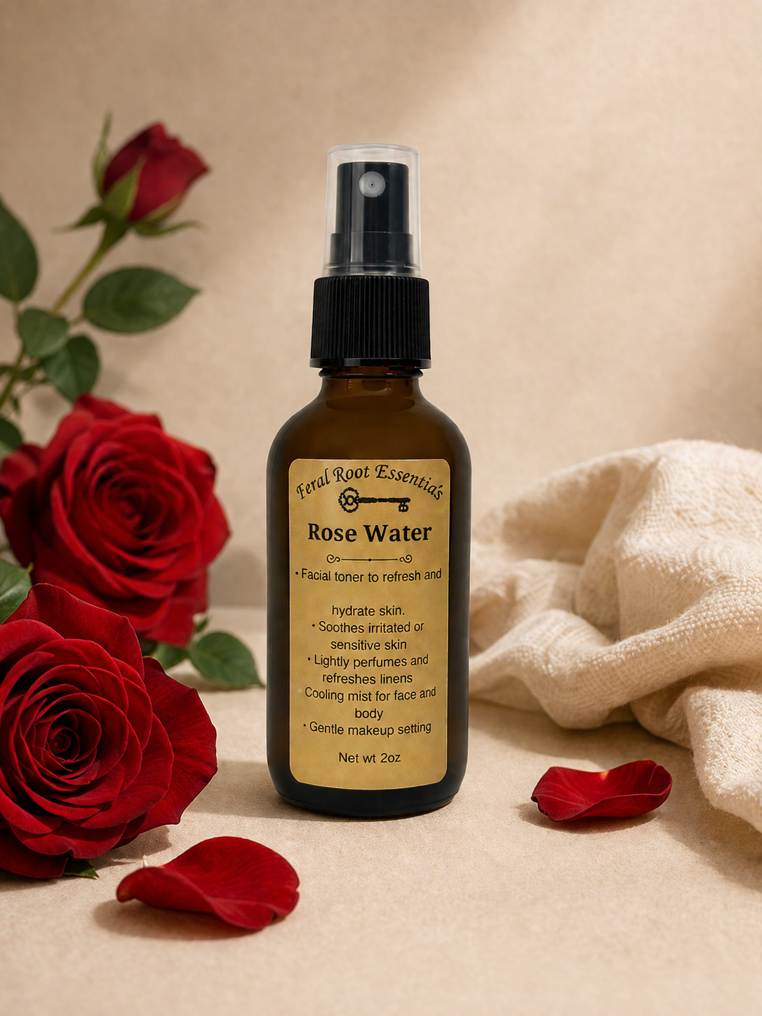 Rose water spray bottle with red roses and petals on a beige background
