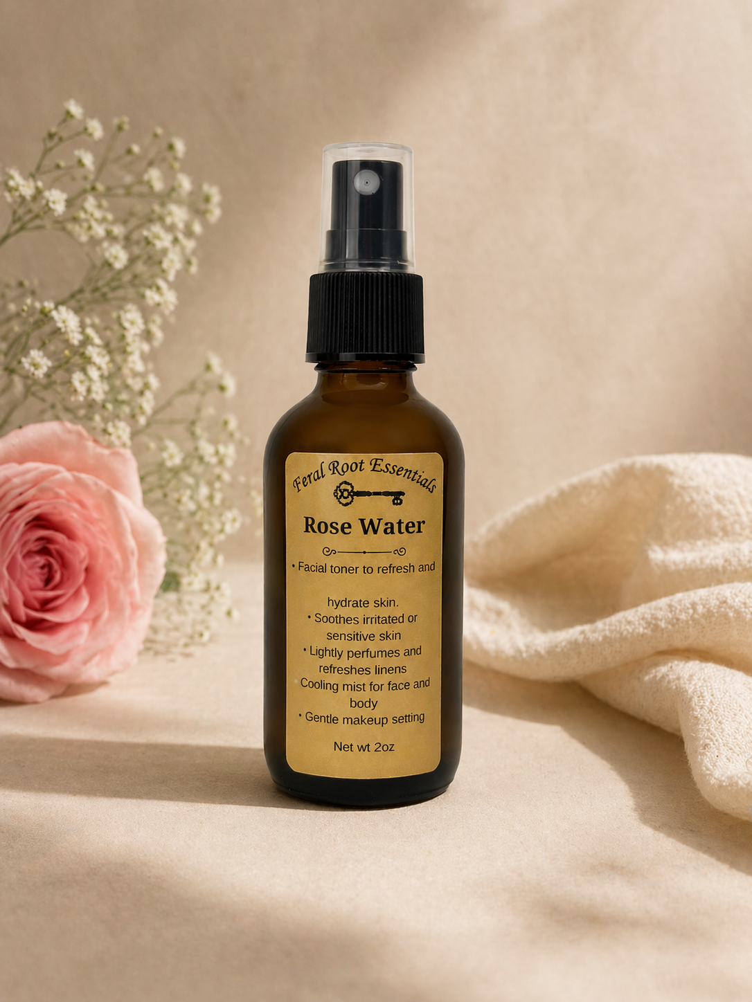 Bottle of Rose Water spray with a pink rose and white flowers on a beige background