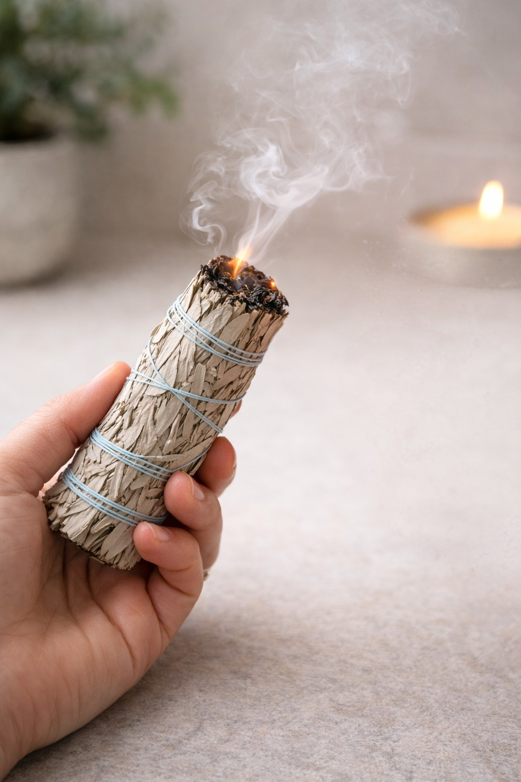 Hand holding a smoldering sage bundle with a blurred candle and plant in the background