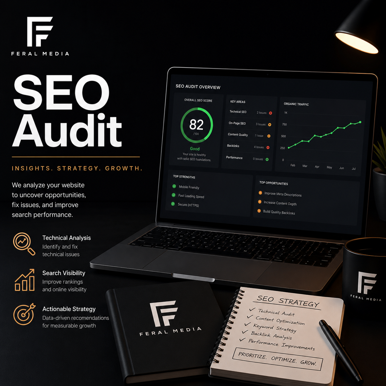 SEO Audit service image showing Feral Media dashboard and website analytics workspace