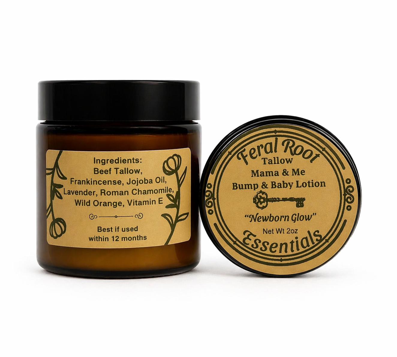 Feral Root Tallow Mama & Me Bump & Baby Lotion jar and lid on a white background