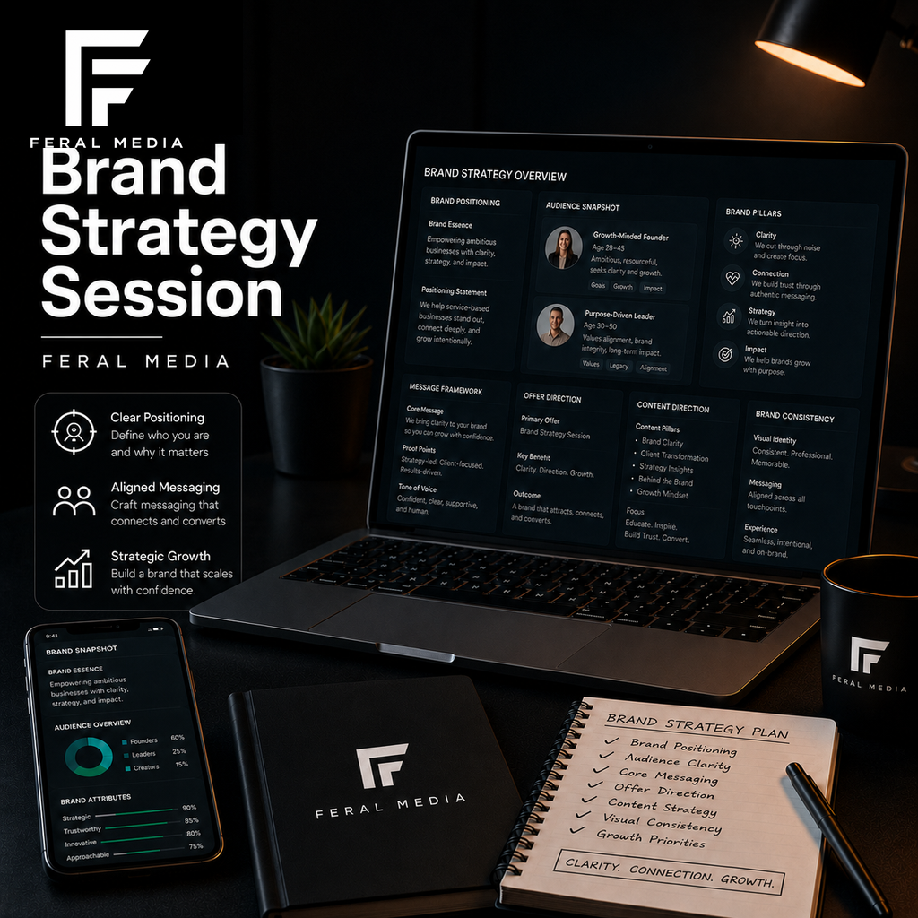 Feral Media Brand Strategy Session service image showing brand strategy dashboard, audience insights, positioning notes, and digital workspace