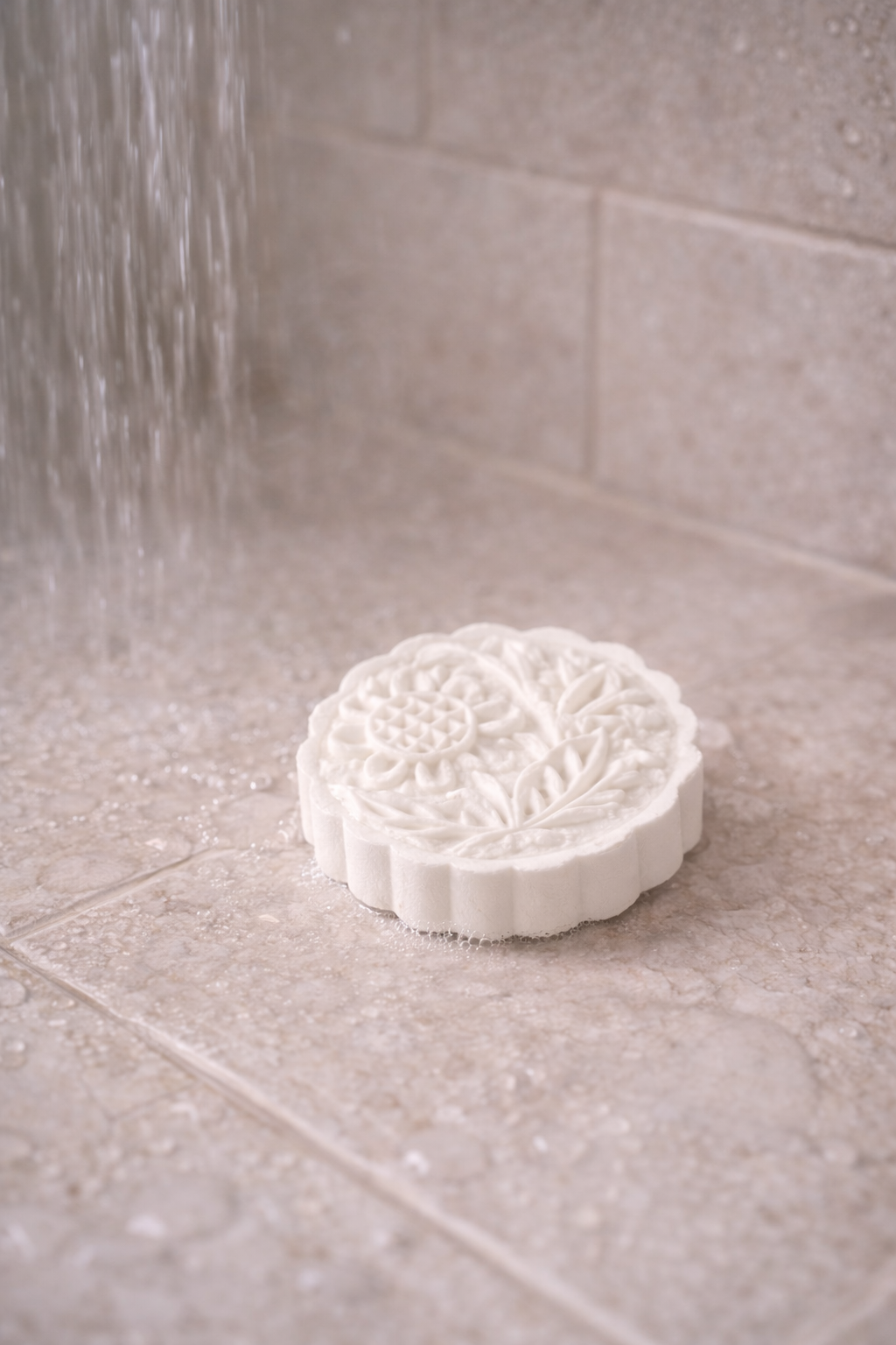 Decorative white Shower steamer on a tiled bathroom floor with running water.