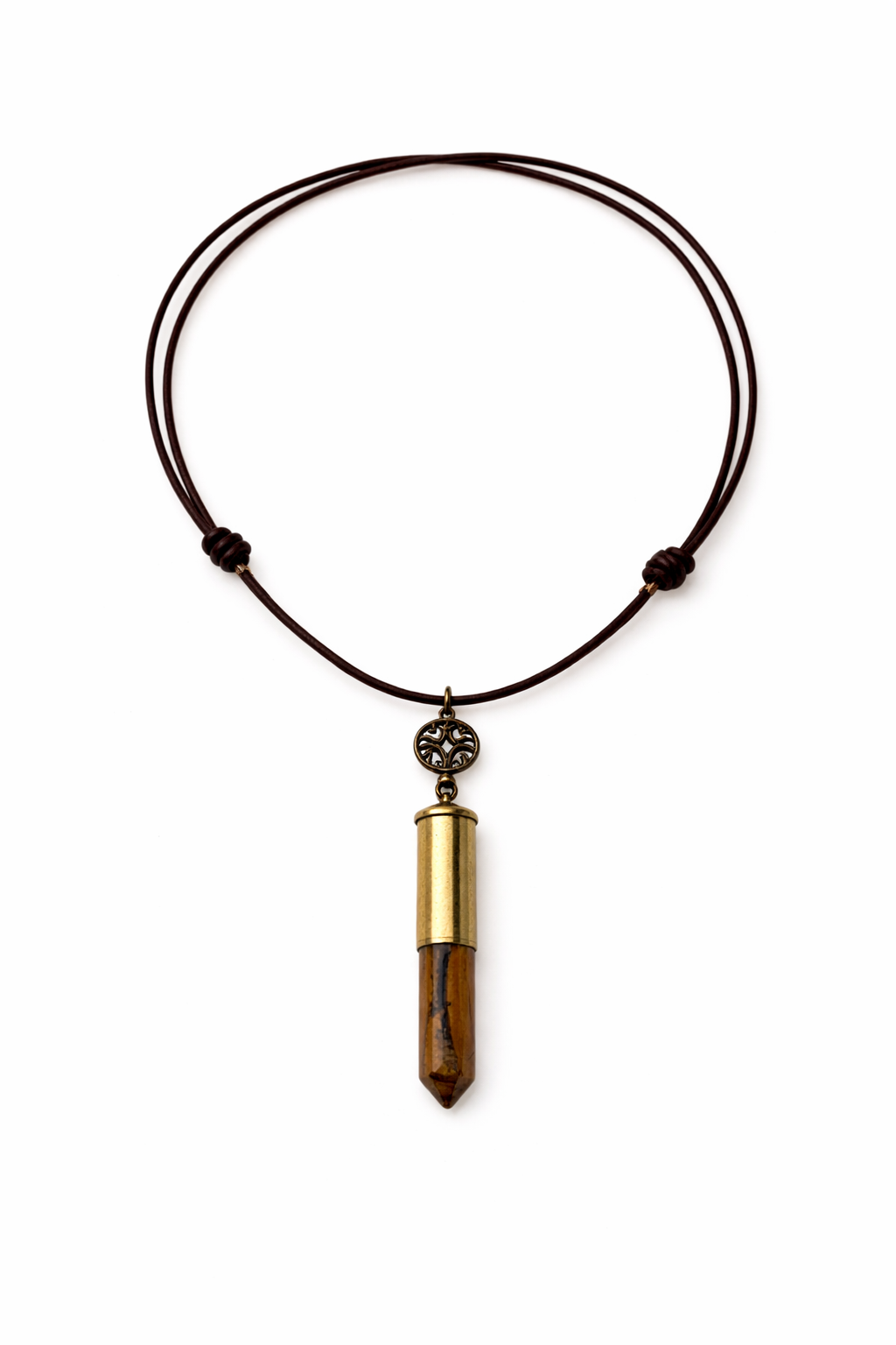 Necklace with a Brass Tiger's eye pendant on a white background