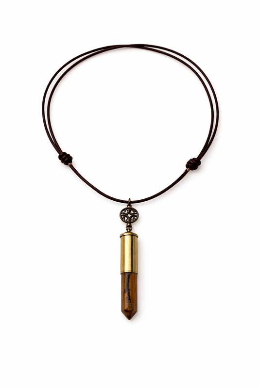 Necklace with a Brass Tiger's eye pendant on a white background