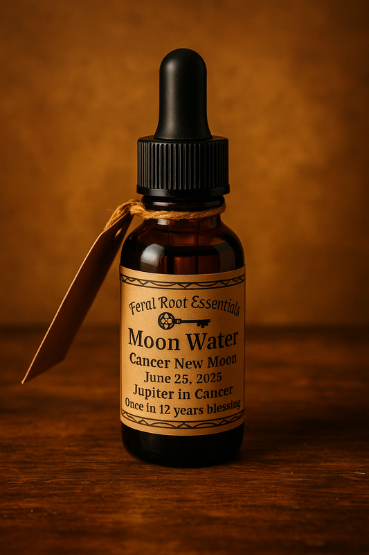 Bottle of 'Moon Water' with a label on a wooden surface