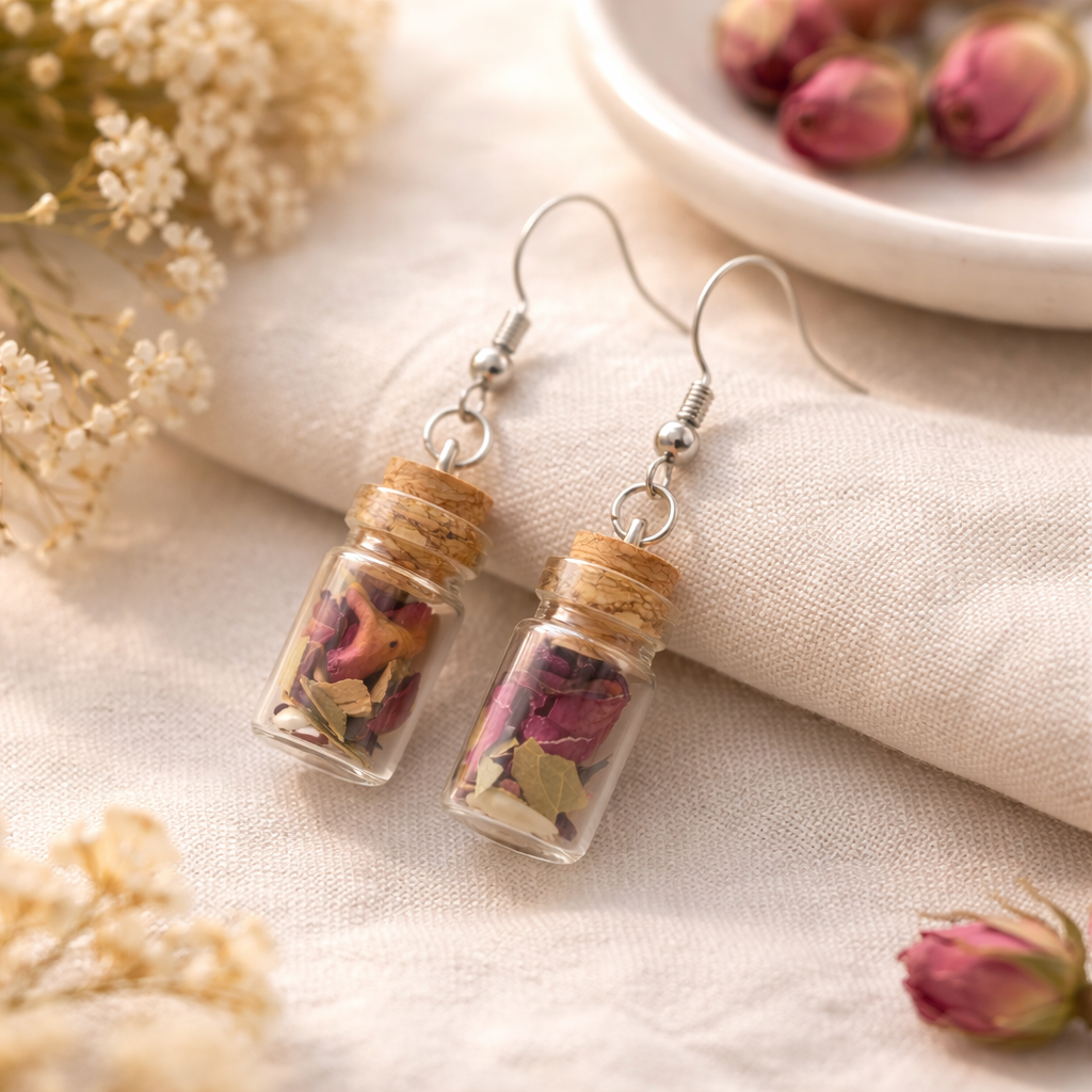 Pair of earrings with small glass jars containing dried flowers on a light fabric background.